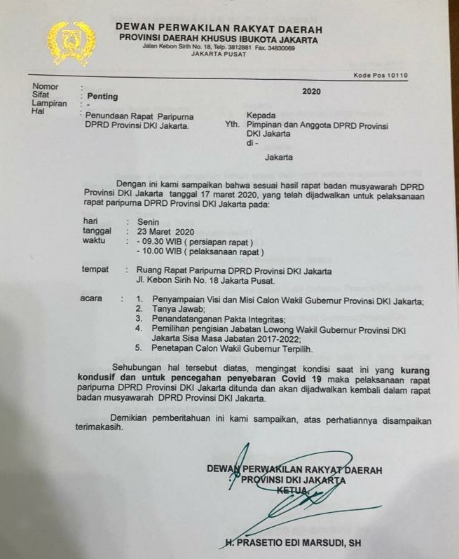 Ketua DPRD DKI Jakarta Tunda Rapat Pemilihan Wagub