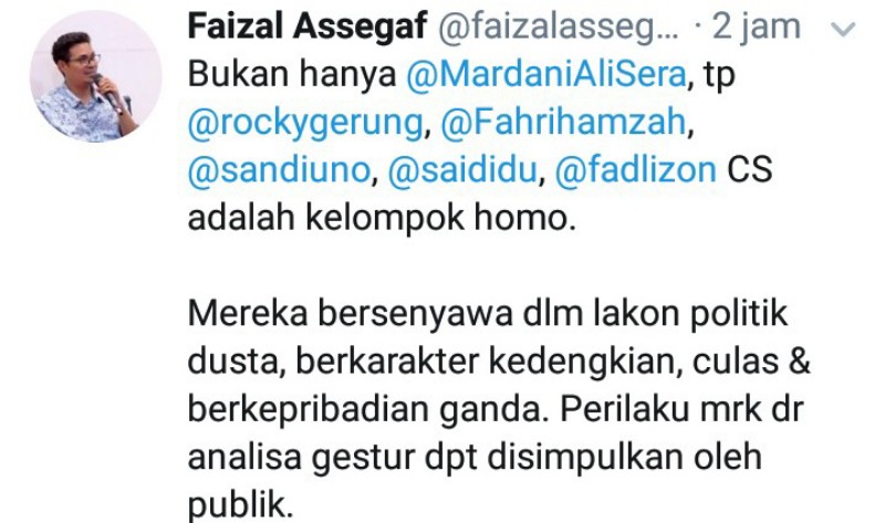 Faizal Assegaf Tuding Sandi, Mardani, Rocky, Fadli dan Fahri Sebagai Homo