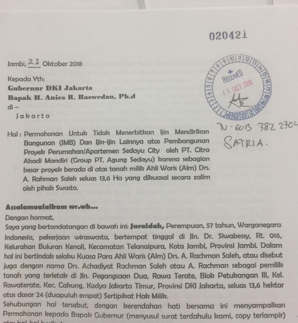 Gubernur DKI Jakara di Minta Tidak Memproses Perijinan Proyek Sedayu City  Kelapa Gading  