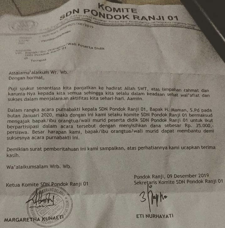 Pungutan di SDN 01 Pondok Ranji, TRUTH: Menodai Hari Anti Korupsi